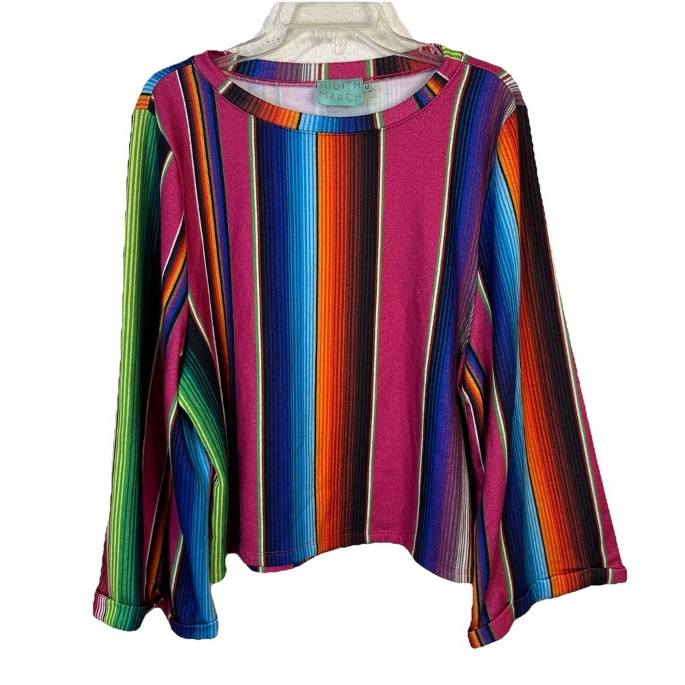 Judith March‎ Colorful Striped Top Size M Wide Sleeves Poly/Rayon/Spandex Blend